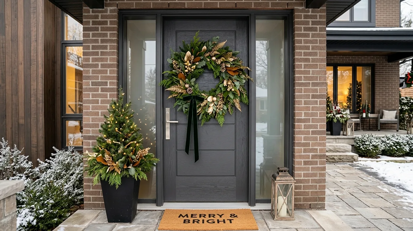 Modern Christmas wreath ideas creating a stylish front door.